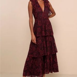 Molinetto Burgundy Lace Ruffled Tiered Sleeveless Maxi Dress